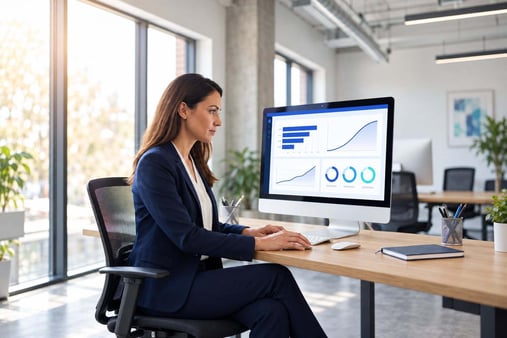 Illustrative scene of a professional reviewing abstract blue charts on a desktop monitor in a bright office.