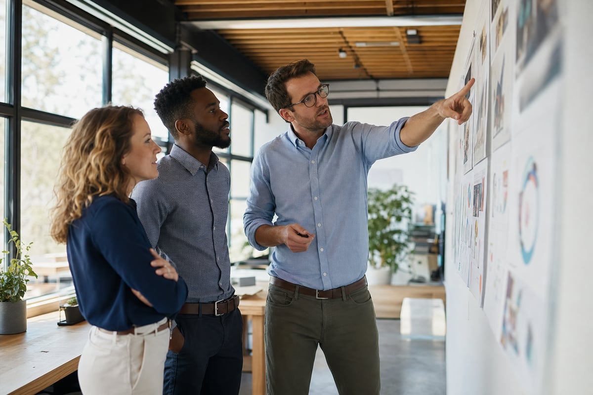Three marketing professionals reviewing printed campaign plans on an office wall together in a bright modern office