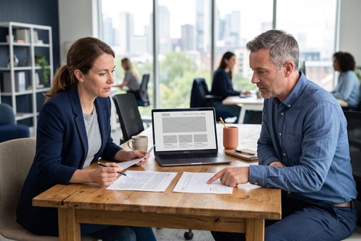 Illustrative scene of two colleagues comparing printed website wireframes beside a laptop