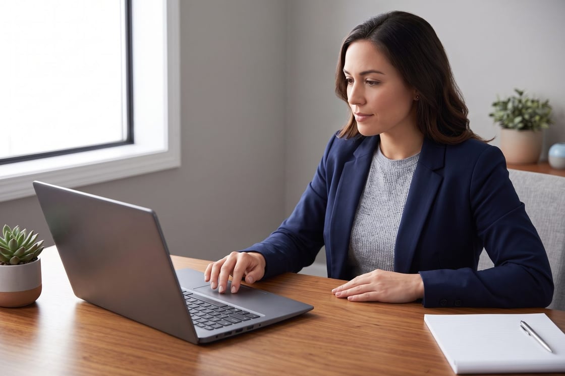 Illustrative office scene of a woman in a navy blazer working at a laptop