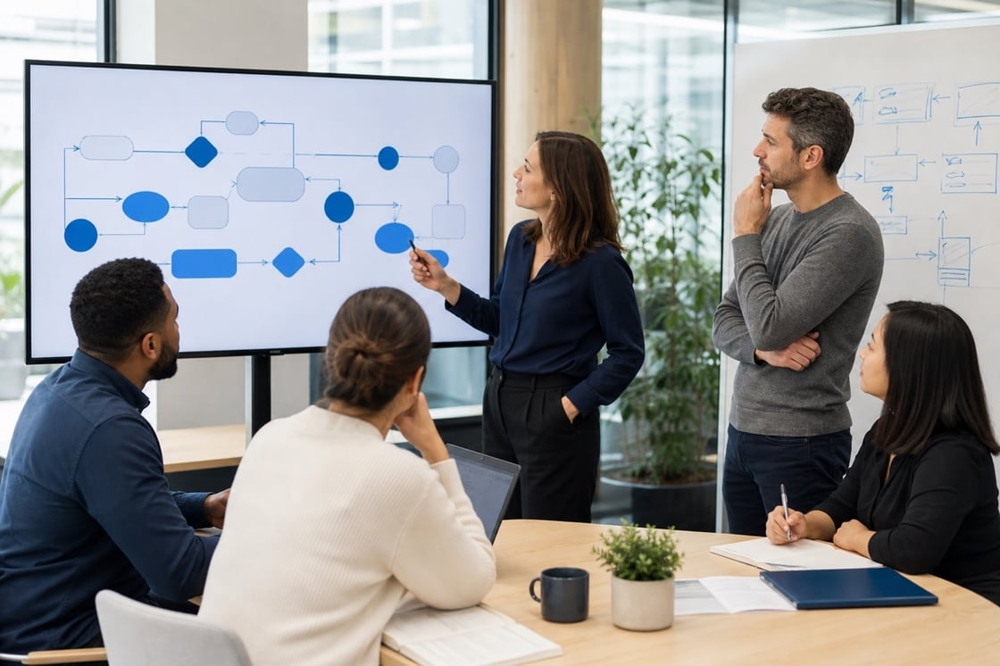 Business and technical team mapping an AI workflow in a bright office with blue accents