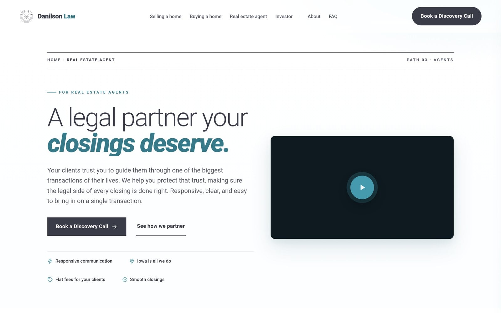 Danilson Law agent page hero reading a legal partner your closings deserve