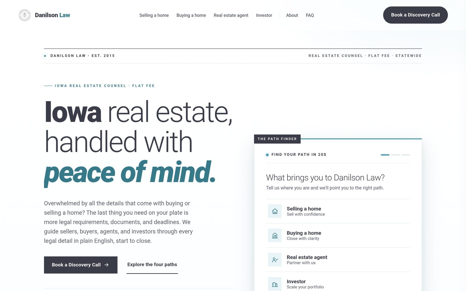 Danilson Law homepage hero with the headline Iowa real estate, handled with peace of mind