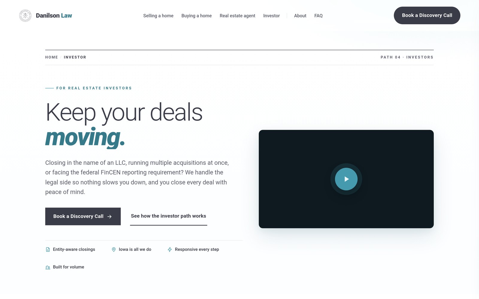 Danilson Law investor page hero reading keep your deals moving