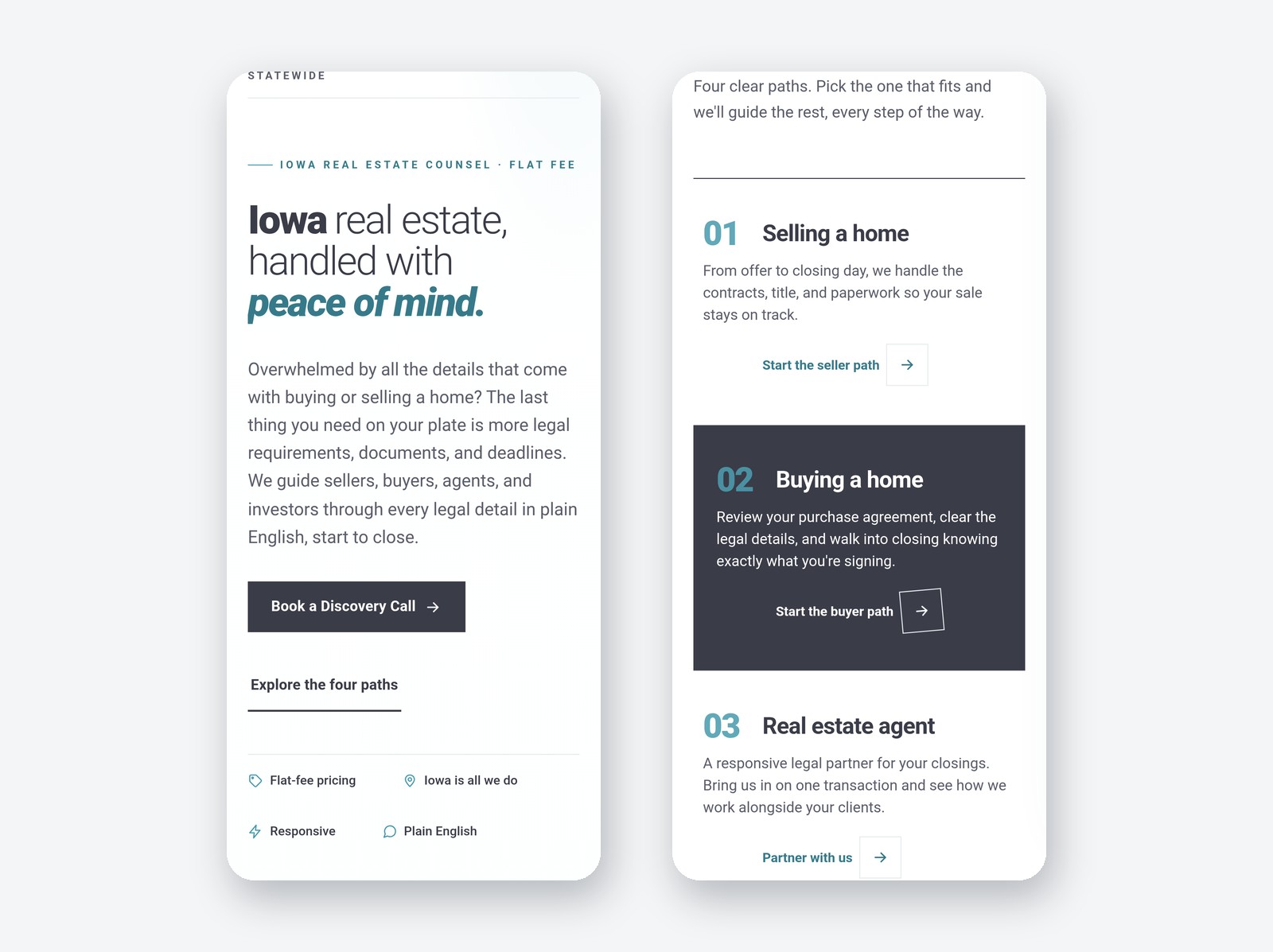 Danilson Law website shown on two mobile screens, hero and path selection