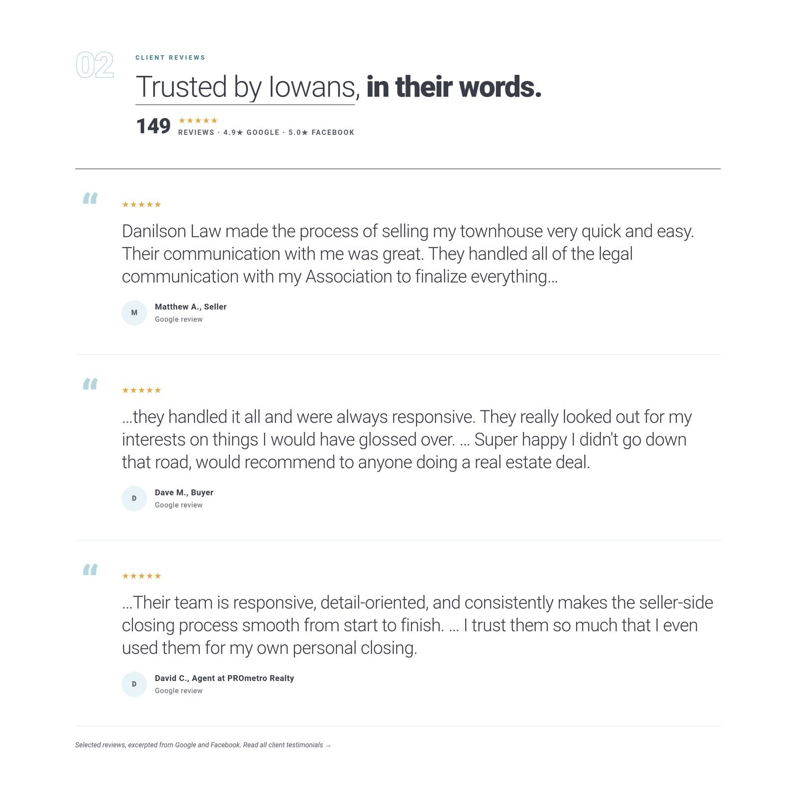 Client reviews section with star ratings and excerpted Google reviews by role