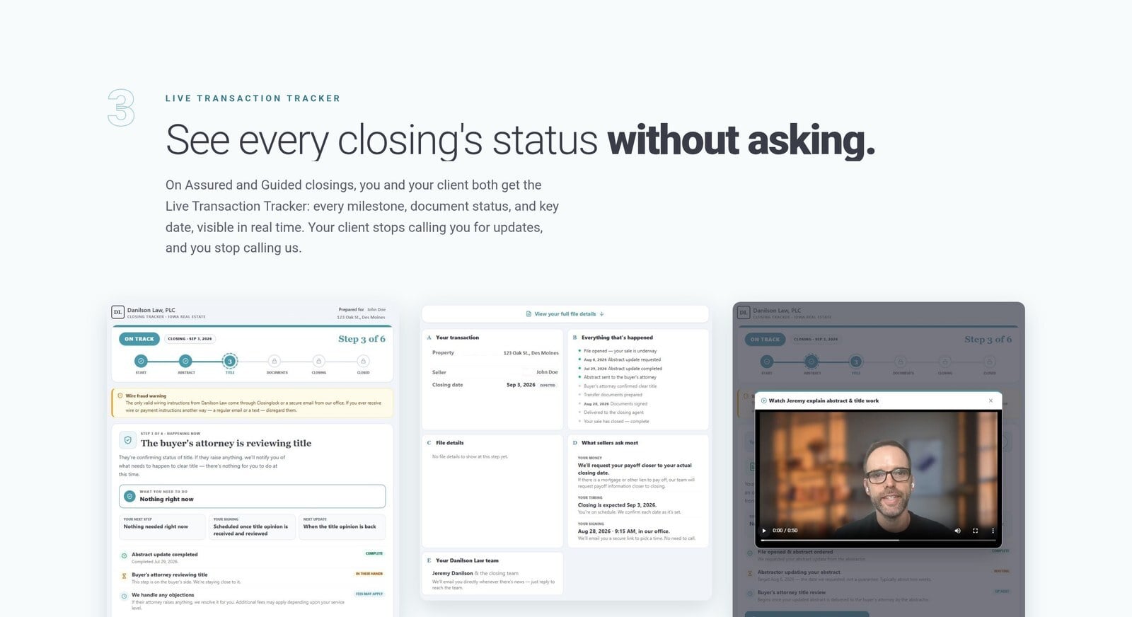 Live Transaction Tracker section showing three product interface screens